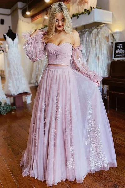Dusty Pink A-line Two Pieces Lace Prom Dresses, MP938