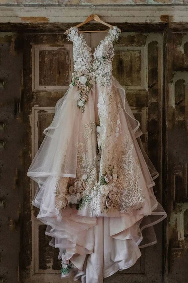 Tulle A-line V-neck Floral Lace Wedding Dresses, MW1009