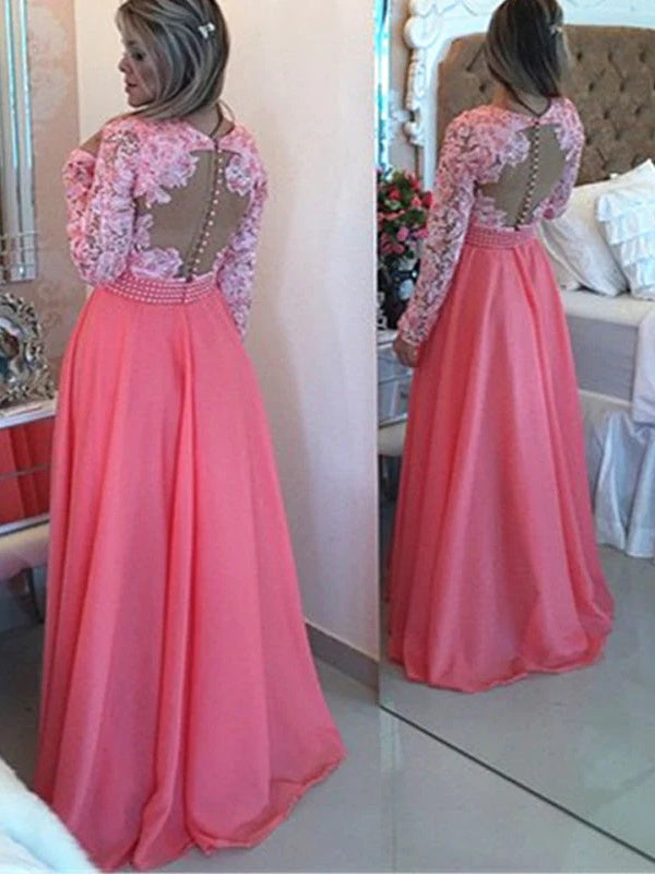 Elegant A-line V-neck Long Sleeves White Lace Long Bridesmaid Dresses with Pearls,Blush Bridesmaid Grown,MBD137 | cheap bridesmaid dress | lace bridesmaid dress | pink bridesmaid dress | musebridals.com