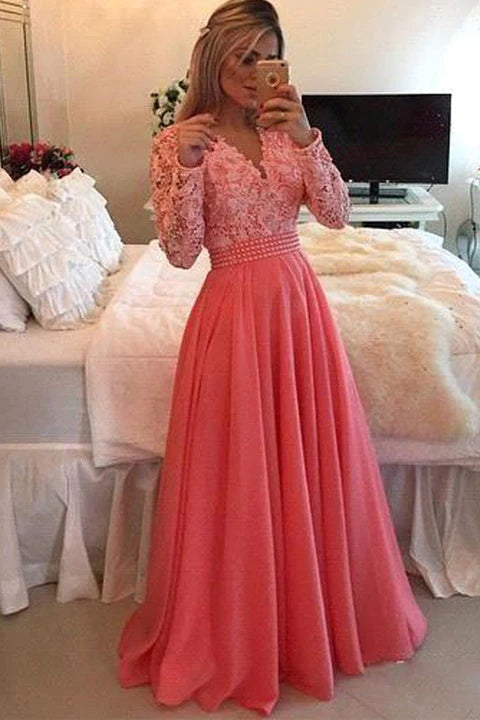 Elegant A-line V-neck Long Sleeves White Lace Long Bridesmaid Dresses with Pearls,Blush Bridesmaid Grown,MBD137 | budget bridesmaid dress | boho bridesmaid dress | bridal party dress | musebridals.com