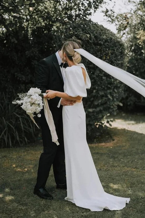 Fairy Elastic Satin V-neck Modest Wedding Dress, MW1077 | Musebridals Fairy Elastic Satin V-neck Modest Wedding Dress, MW1077 | Musebridals