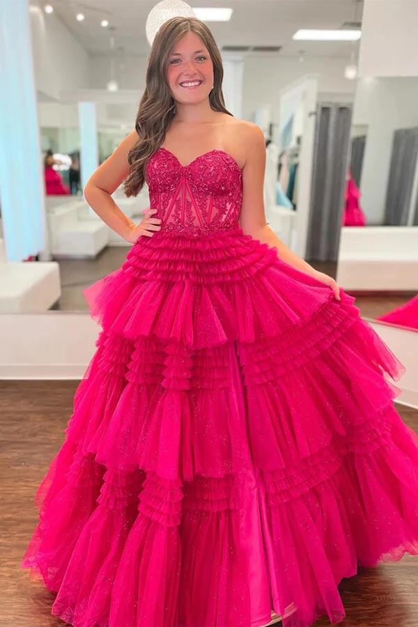 Fuchsia Tulle A-line Multi Layers Strapless Lace Appliques Prom Dresses, MP866 | hot pink prom dresses | new arrival prom dress | evening dress | musebridals.com