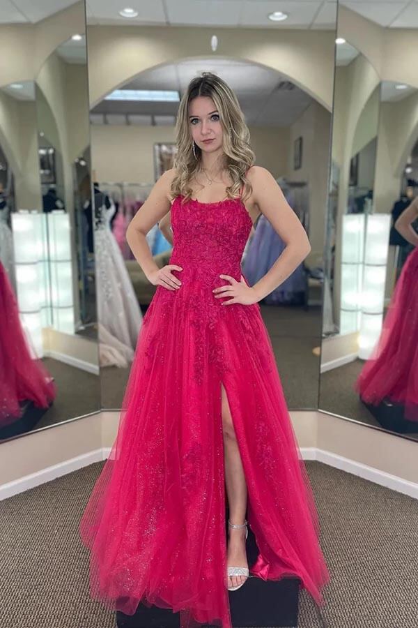 Fuchsia Tulle A-line Scoop Prom Dresses With Appliques, Party Dresses, MP870 | pink prom dress | lace prom dress | long formal dress | musebridals.com
