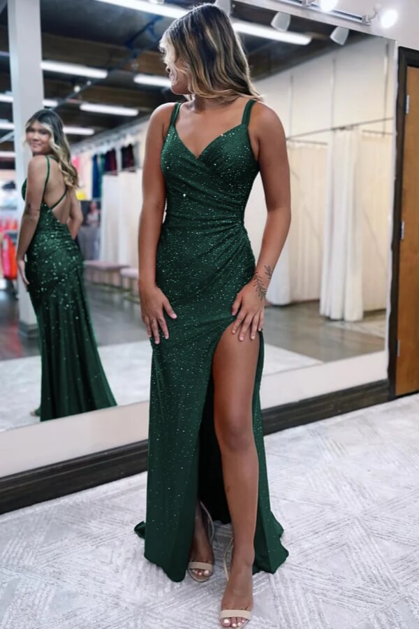 Glitter Jersey Mermaid V Neck Slit Prom Dresses, MP1018 | Musebridals Glitter Jersey Mermaid V Neck Slit Prom Dresses, MP1018 | Musebridals
