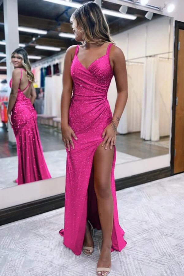 Glitter Jersey Mermaid V Neck Slit Prom Dresses, MP1018 | Musebridals Glitter Jersey Mermaid V Neck Slit Prom Dresses, MP1018 | Musebridals