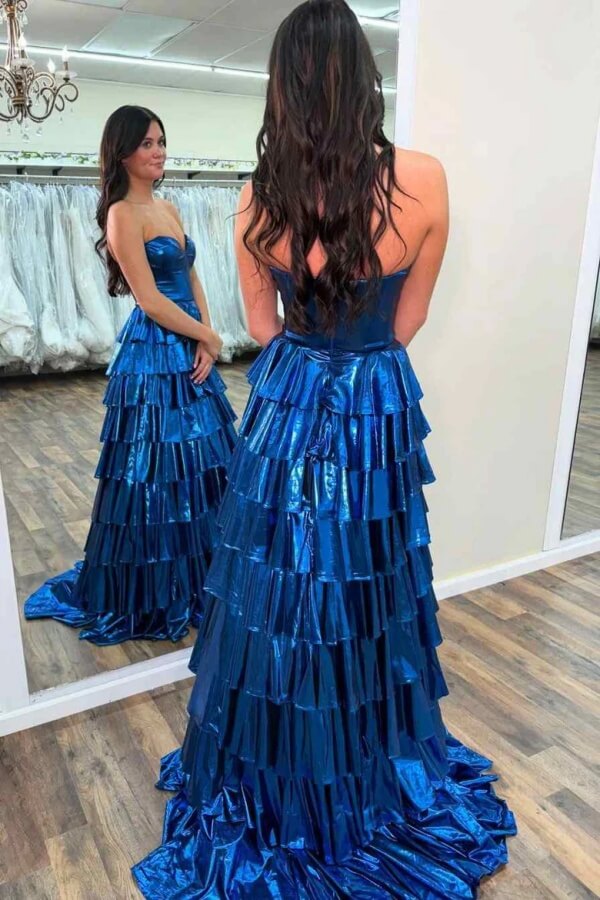 Gold Satin A Line Sweetheart Tiered Prom Dresses, MP1017 | Musebridals Gold Satin A Line Sweetheart Tiered Prom Dresses, MP1017 | Musebridals