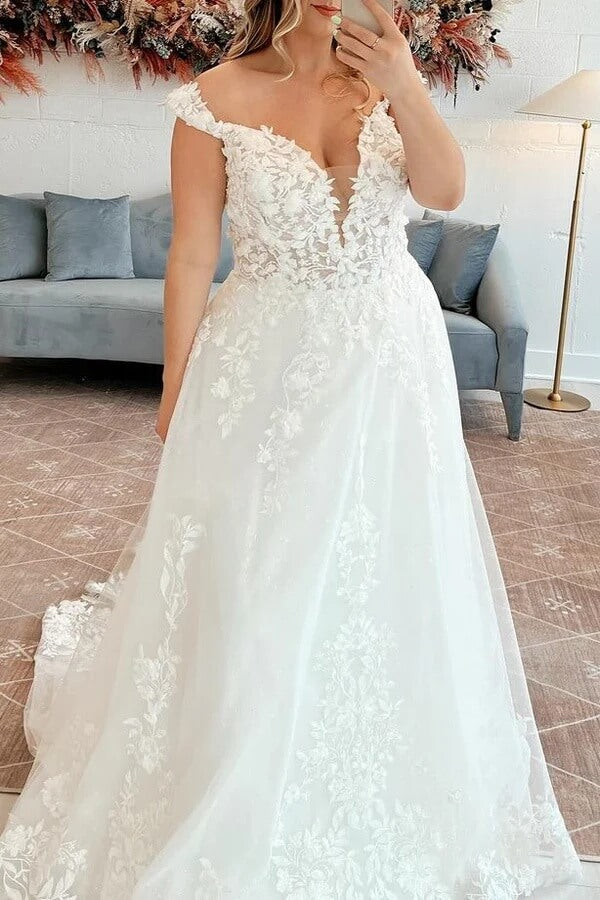 Tulle A Line Off Shoulder Wedding Dresses, MW1143 | Musebridals.com Tulle A Line Off Shoulder Wedding Dresses, MW1143 | Musebridals.com