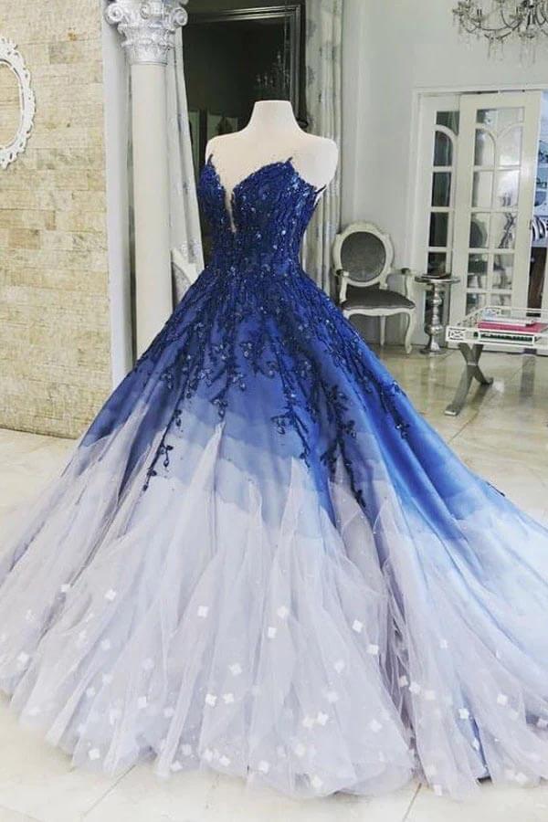 Gorgeous Tulle Ombre Ball Gown V-neck Long Prom Dresses With Lace Appliques, MP840 | cheap prom dresses | lace prom dresses | evening gown | musebridals.com