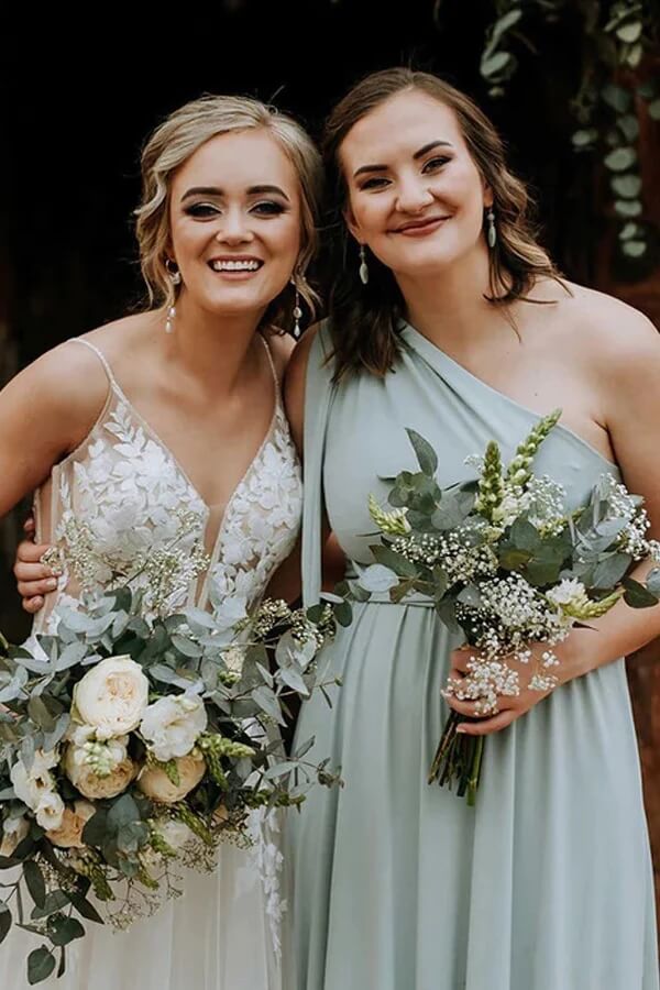 Green Chiffon One Shoulder Long Bridesmaid Dresses With Sweep Train, MBD208 | wedding party dress | wedding guest dress | green bridesmaid dresses | musebridals.com