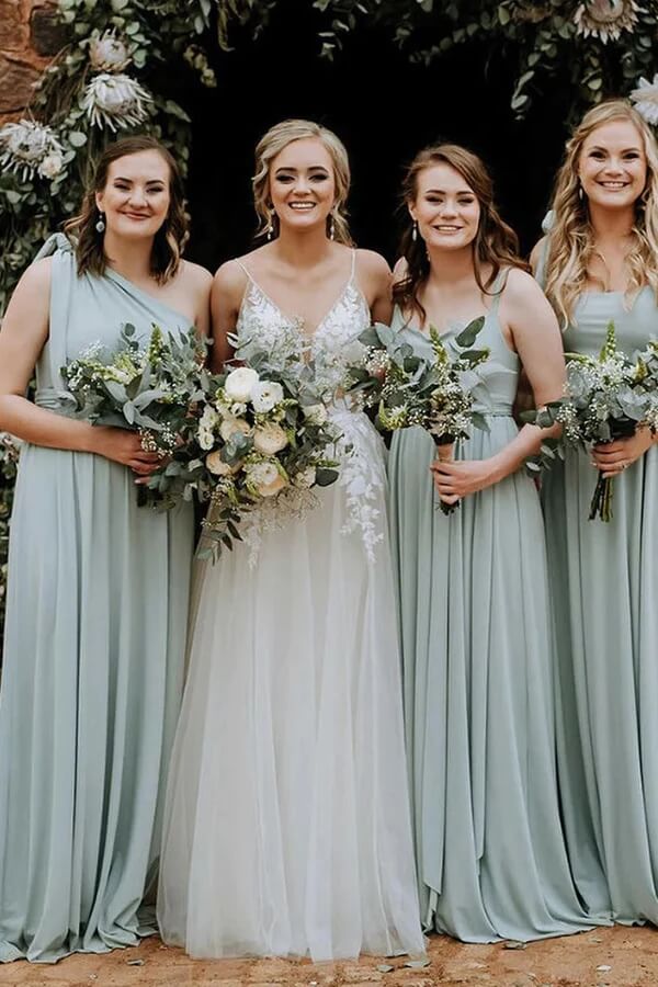 Green Chiffon One Shoulder Long Bridesmaid Dresses With Sweep Train, MBD208 | budget bridesmaid dresses | junior bridesmaid dresses | simple bridesmaid dress | musebridals.com