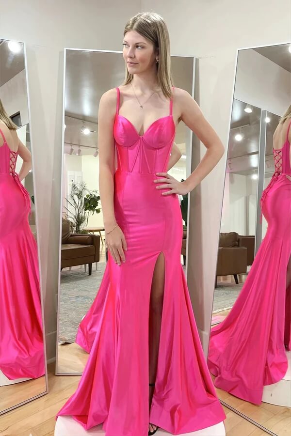 Hot Pink Satin Mermaid Spaghetti Straps Long Prom Dresses With Slit, MP891 | simple prom dress | evening gown | cheap long prom dresses | musebridals.com