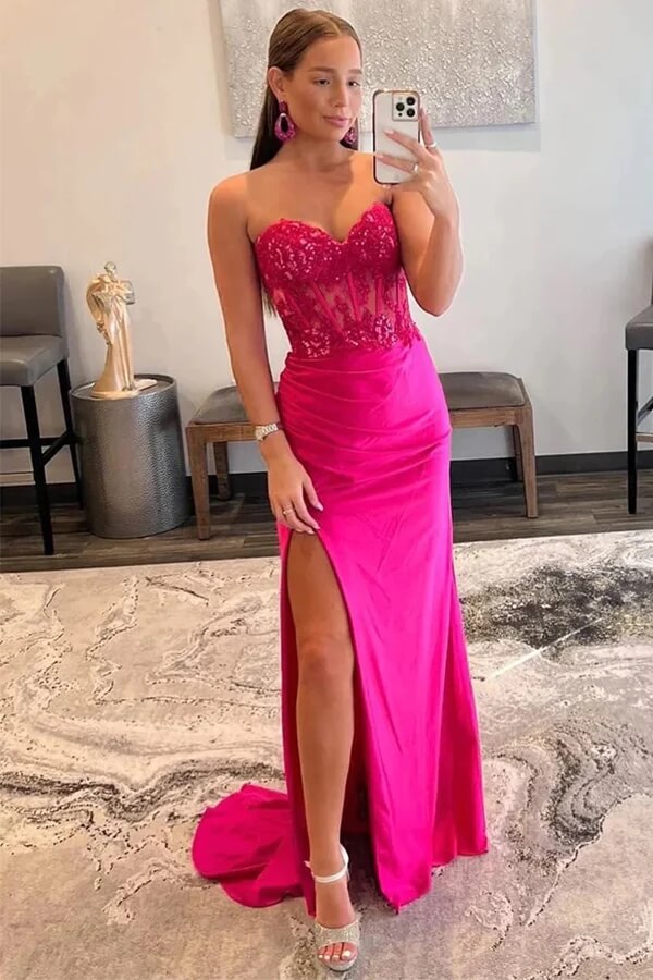 Hot Pink Satin Mermaid Strapless Lace Appliques Prom Dresses With Slit, MP899 | pink prom dress | lace prom dress | sheath prom dress | musebridals.com