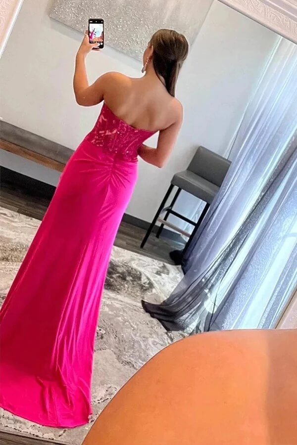 Hot Pink Satin Mermaid Strapless Lace Appliques Prom Dresses With Slit, MP899 | strapless prom dress | new arrival prom dress | prom dress for girls | musebridals.com