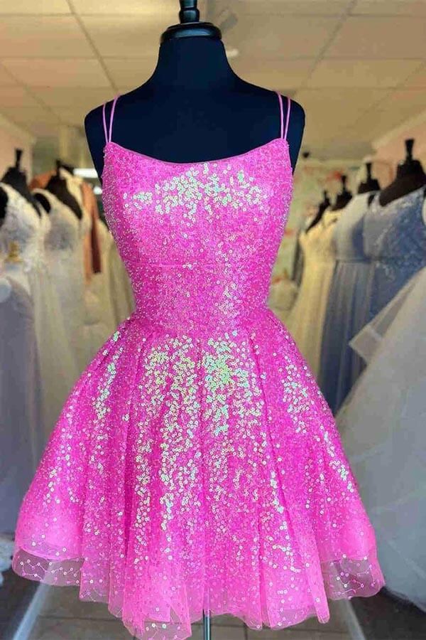Hot Pink Sequins A-line Short Homecoming Dresses, Graduation Dresses, MH621 | pink homecoming dresses | simple homecoming dresses | short party dress | musebridals.com