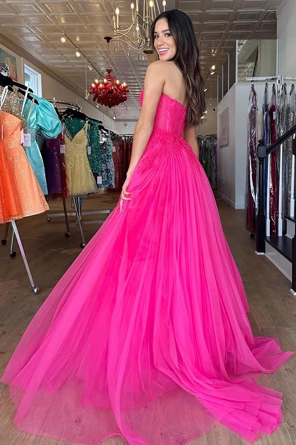 Hot Pink Tiered Tulle Strapless A-line Lace Bodice Long Prom Dresses, MP864 | new arrival prom dress | long formal dress | party dress | musebridals.com