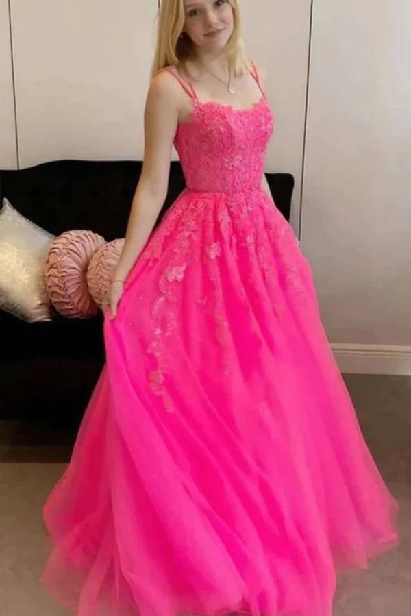 Hot Pink Tulle A-line Scoop Spaghetti Straps Prom Dresses With Appliques, MP850 | pink prom dress | lace prom dress | evening gown | musebridals.com