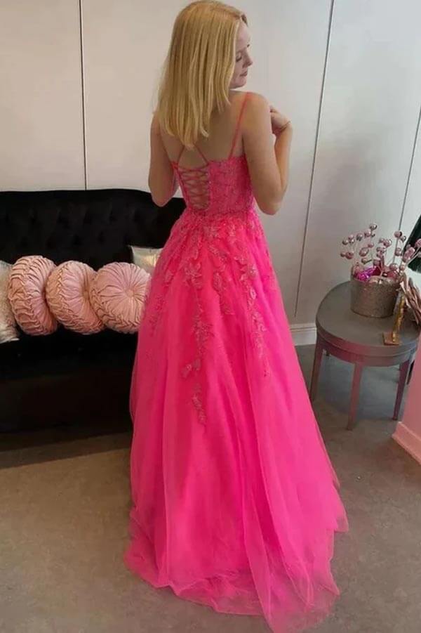 Hot Pink Tulle A-line Scoop Spaghetti Straps Prom Dresses With Appliques, MP850 | cheap prom dresses | evening dresses | prom dress stores | musebridals.com