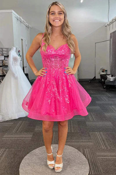 Hot Pink Tulle A-line Sequin Homecoming Dress, MH626