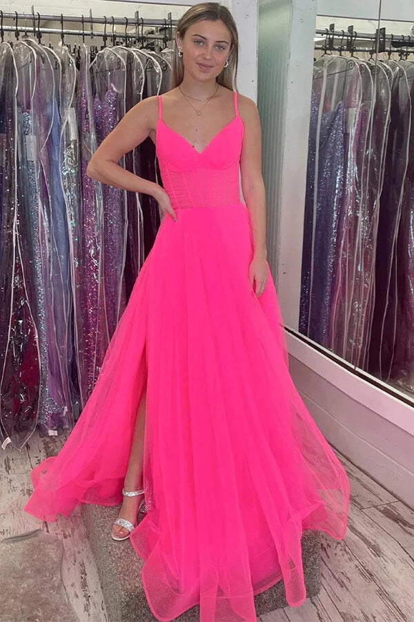 Hot Pink Tulle A-line Spaghetti Straps Simple Prom Dresses, Evening Dress, MP895 | hot pink prom dress | long prom dresses | new arrival prom dress | musebridals.com
