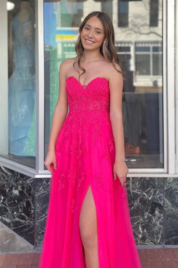 Hot Pink Tulle A-line Strapless Lace Appliques Prom Dress, Party Dress, MP887 | lace prom dress | cheap long prom dress | evening gown | musebridals.com