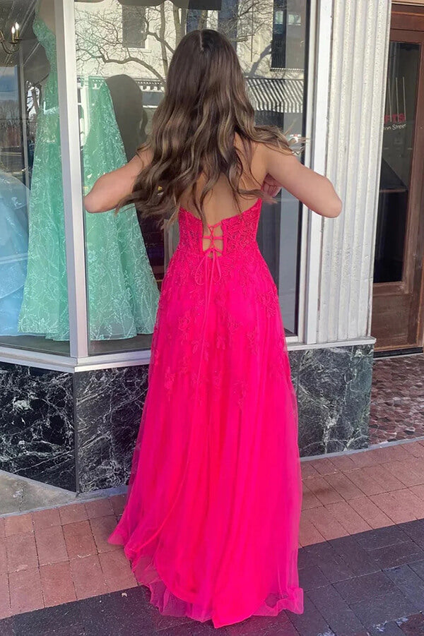 Hot Pink Tulle A-line Strapless Lace Appliques Prom Dress, Party Dress, MP887 | strapless prom dress | floor length prom dress | prom dress for girls | musebridals.com