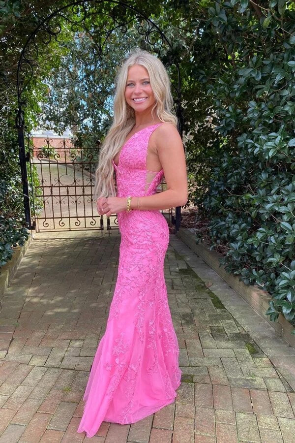 Hot Pink Tulle Mermaid Deep V-neck Prom Dresses With Lace Appliques, MP858 | new arrival prom dresses | party dresses | prom dress stores | musebridals.com