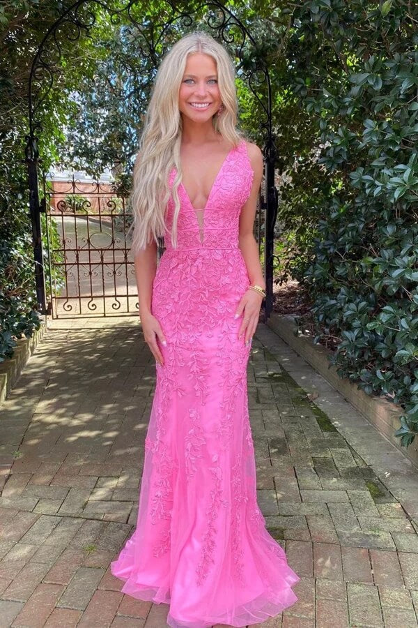 Hot Pink Mermaid Deep V-neck Lace Prom Dresses, MP858