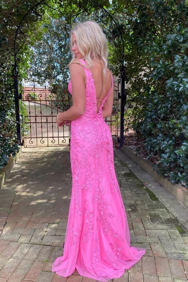 Hot Pink Tulle Mermaid Deep V-neck Prom Dresses With Lace Appliques, MP858 | cheap prom dresses | evening dresses | long formal dresses | musebridals.com