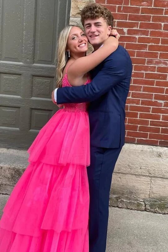 Hot Pink Tulle Layered Spaghetti Straps Long Prom Dresses, Evening Dress, MP982 | long prom dresses | prom dresses online | new arrival prom dress | musebridals.com