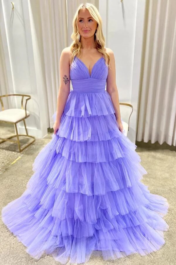 Lavender Tulle Tiered A-line V-neck Prom Dresses, MP1003