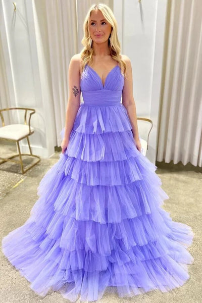 Purple Formal Dresses Truworths Lavender Tulle Tiered A-line V-neck Prom Dresses, MP1003 Purple Formal Dresses Truworths Lavender Tulle Tiered A-line V-neck Prom Dresses, MP1003