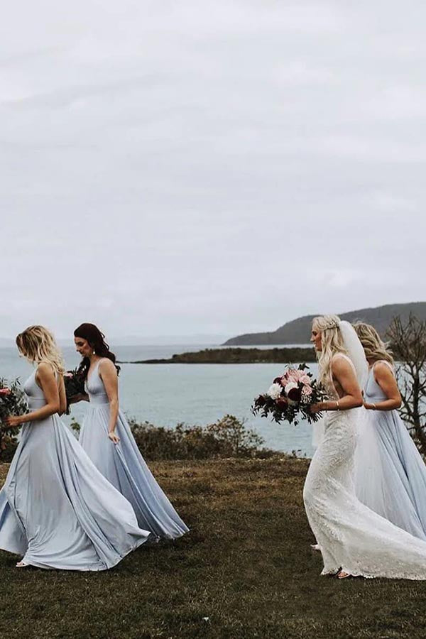 Light Blue Chiffon A-line V-neck Long Bridesmaid Dresses With Slit, MBD206 | blue bridesmaid dresses | budget bridesmaid dress | wedding guest dress | musebridals.com