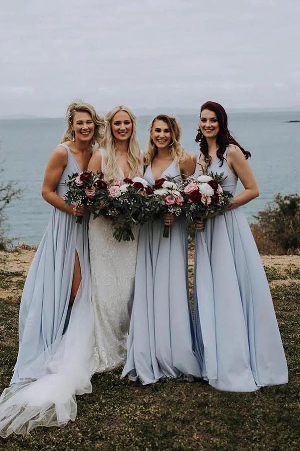Light Blue Chiffon A-line V-neck Long Bridesmaid Dresses With Slit, MBD206 | cheap bridesmaid dresses | simple bridesmaid dress | wedding party dress | musebridals.com