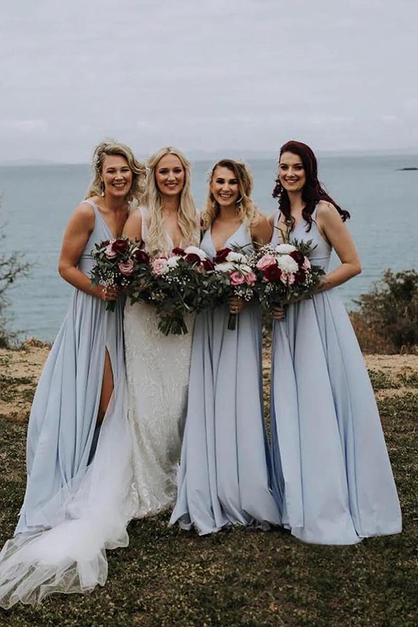 Light Blue Chiffon A-line Long Bridesmaid Dresses MBD206
