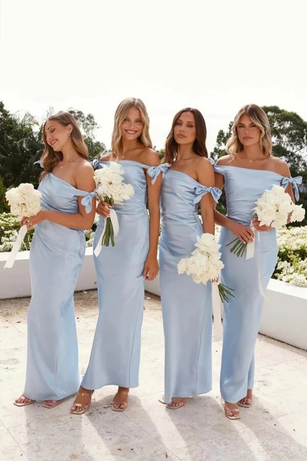 Light Blue Sheath Off Shoulder Bridesmaid Dress, MBD267