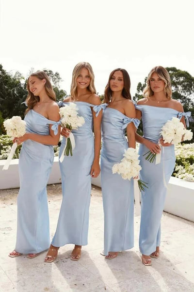 mist blue bridesmaid dresses Light Blue Sheath Off Shoulder Bridesmaid Dress, MBD267