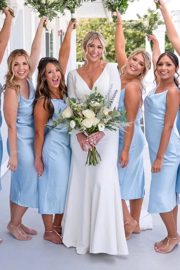 Light Blue Spaghetti Straps Cowl Neck Short Bridesmaid Dresses, MBD218 | cheap bridesmaid dresses | blue bridesmaid dresses | wedding party dresses | musebridals.com