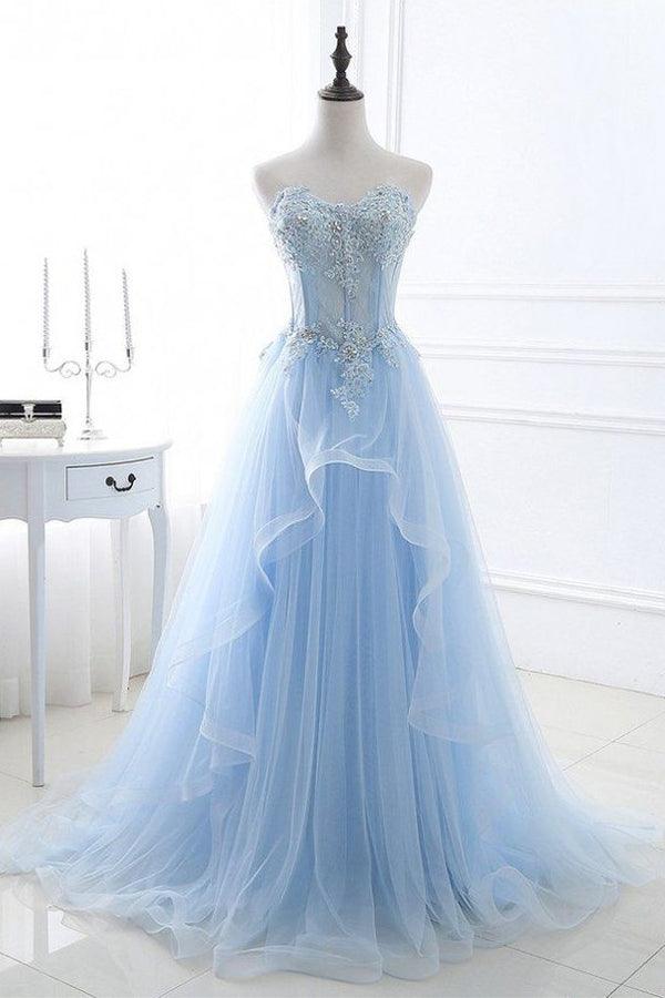 Light Blue Tulle A-line Floor Length Sweetheart Prom Dresses, Party Dress, MP874 | lace prom dress | cheap prom dress | blue prom dress | musebridals.com