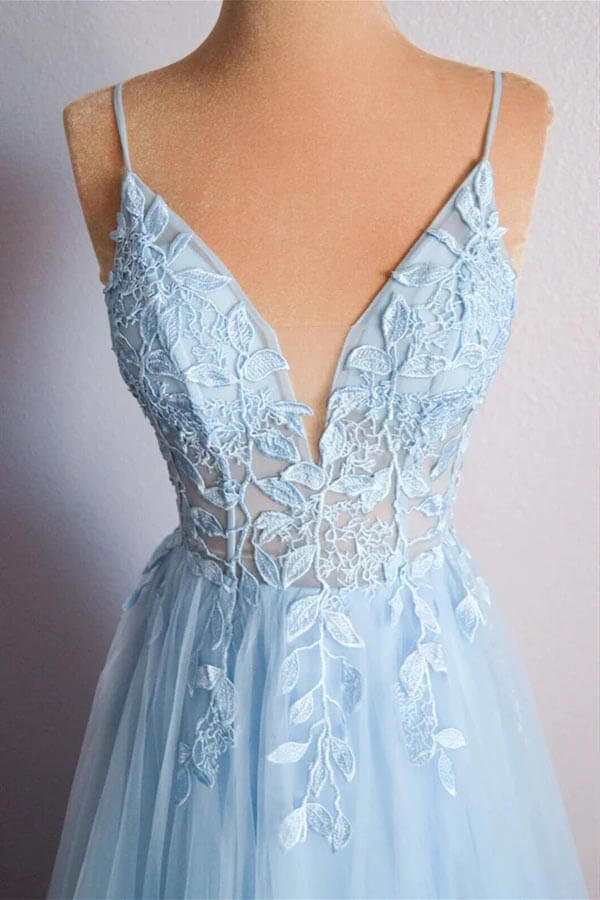 Light Blue Tulle A-line V-neck Spaghetti Straps Lace Appliques Prom Dress, MP878 | v neck prom dress | new arrival prom dress | prom dresses online | musebridals.com