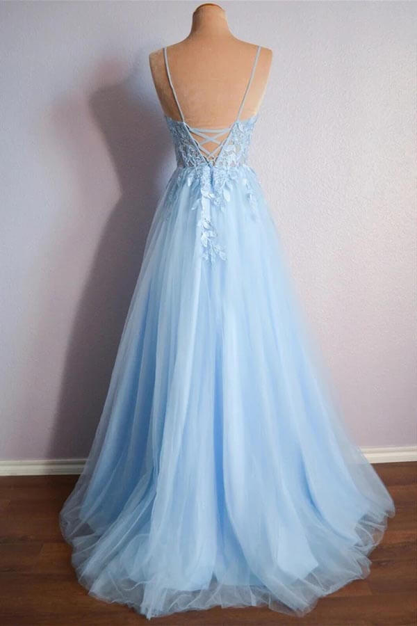 Light Blue Tulle A-line V-neck Spaghetti Straps Lace Appliques Prom Dress, MP878 | simple prom dresses | party dress | long formal dress | musebridals.com