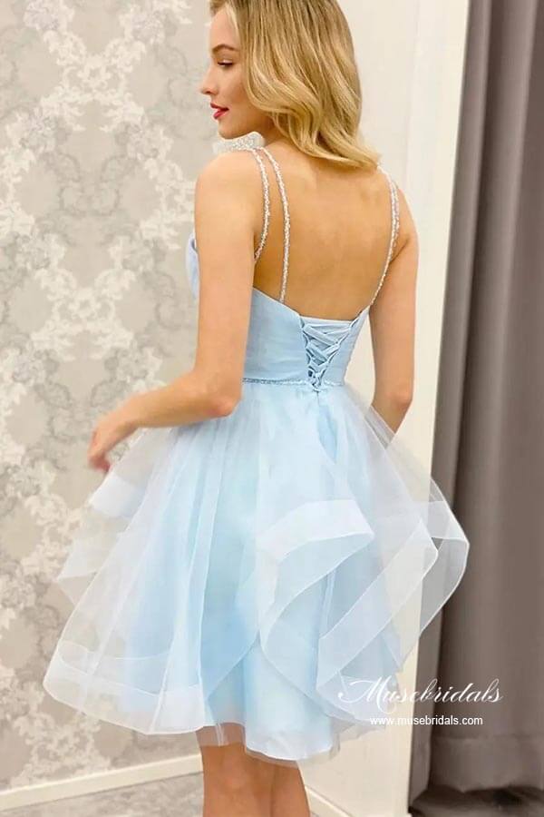 Light Blue Tulle A-line V-neck Spaghetti Straps Short Homecoming Dress, MH600 | sweet 16 dress | school event dresses | homecoming dresses | musebridals.com