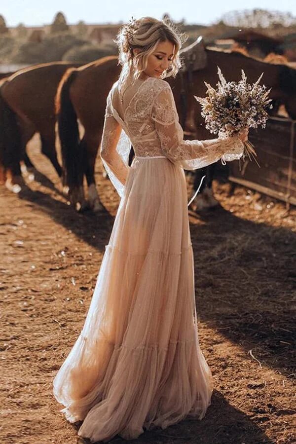 Light Brown A-line Long Sleeves Wedding Dresses, MW1041 | Musebridals Light Brown A-line Long Sleeves Wedding Dresses, MW1041 | Musebridals