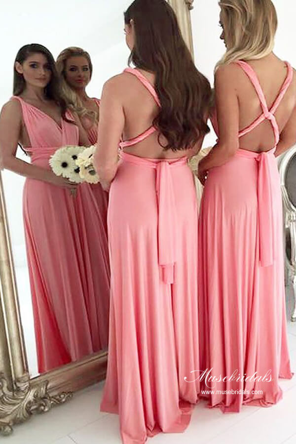 Light Coral Chiffon A-line Backless Plus Size Long Bridesmaid Dresses, MBD236 | cheap bridesmaid dress | pink bridesmaid dresses | simple bridesmaid dresses | musebridals.com