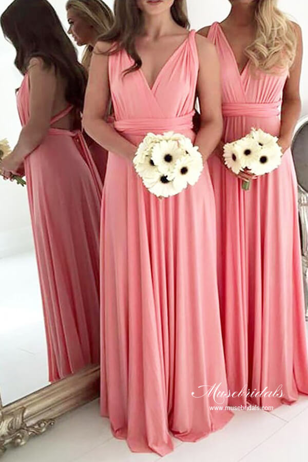 Light Coral Chiffon A-line Backless Plus Size Long Bridesmaid Dresses, MBD236 | budget bridesmaid dress | junior bridesmaid dresses | wedding party dress | musebridals.com