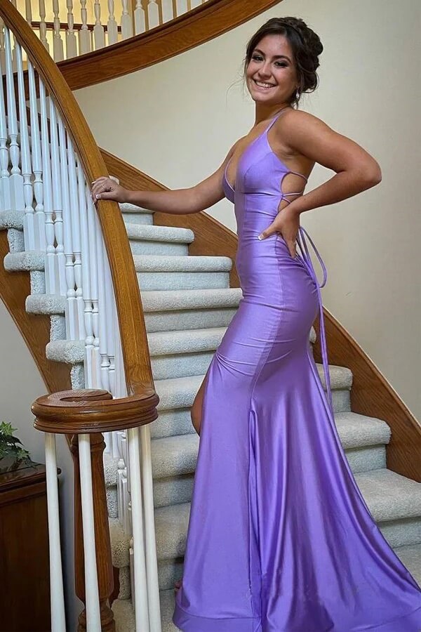 Lilac Sheath Mermaid Spaghetti Straps Floor Length Prom Dresses Slit, MP984 | purple prom dresses | long prom dresses | evening dresses | musebridals.com