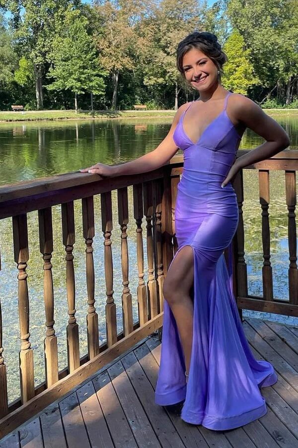 Lilac Sheath Mermaid Spaghetti Straps Floor Length Prom Dresses Slit, MP984 | new arrival prom dress | long formal dresses | prom dresses stores | musebridals.com