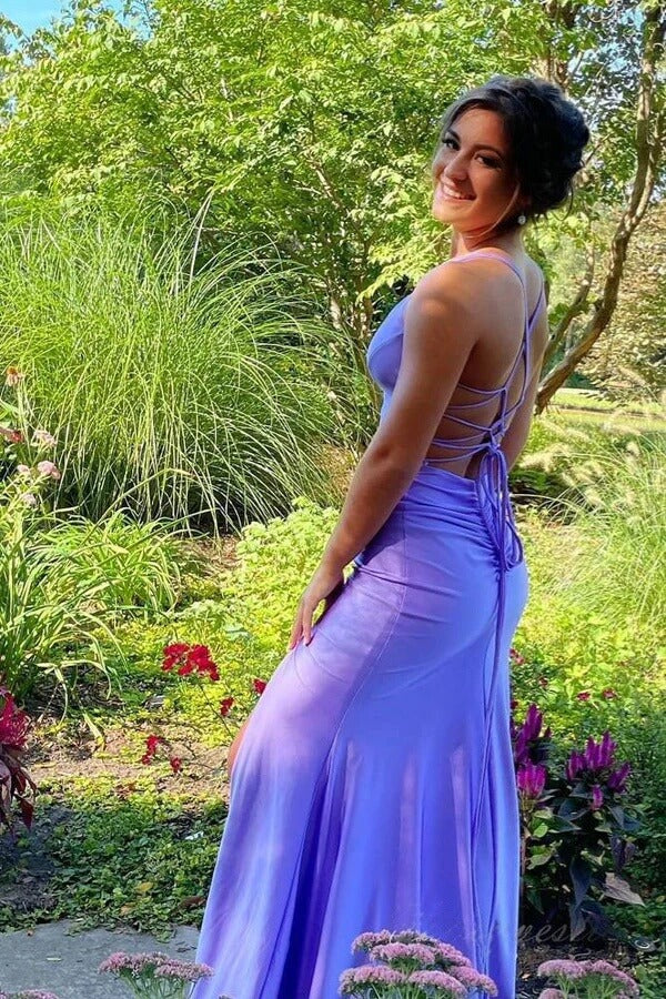 Lilac Sheath Mermaid Spaghetti Straps Floor Length Prom Dresses Slit, MP984 | vintage prom dress | simple prom dress | prom dress long | musebridals.com
