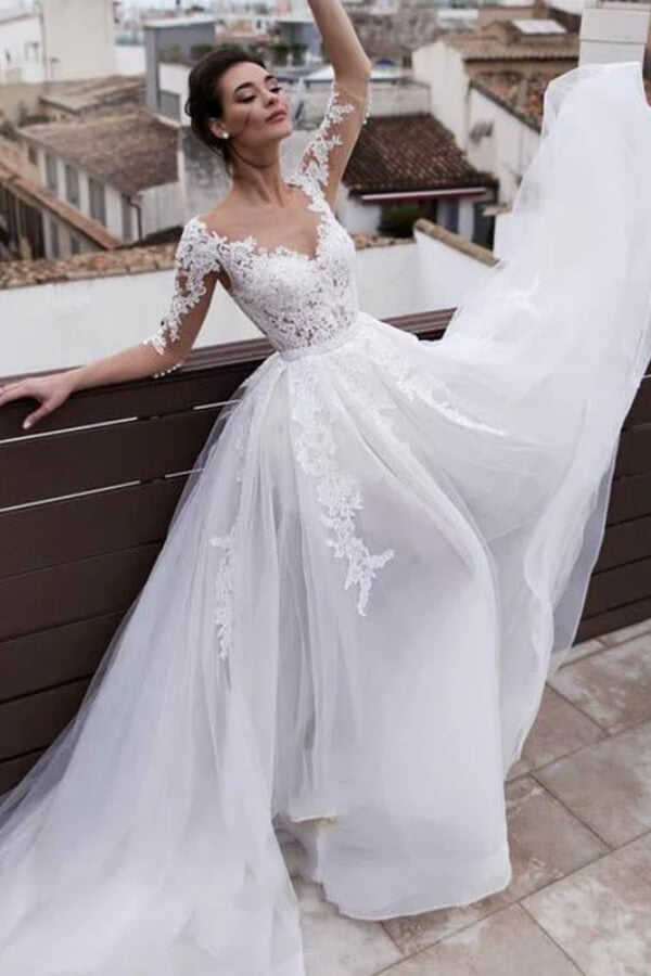 Tulle Illusion Detachable Train Wedding Dresses, MW1136