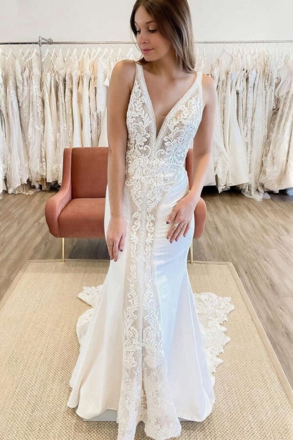 Mermaid Satin V Neck Vintage Lace Boho Wedding Dresses With Train, MW1256 | mermaid lace wedding dress | cheap wedding dresses online | sexy wedding dress | musebridals.com