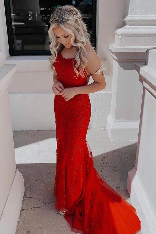 Mermaid Spaghetti Straps Scoop Neck Lace Appliques Prom Dresses, MP865 | red prom dresses | simple prom dress | long formal dress | musebridals.com